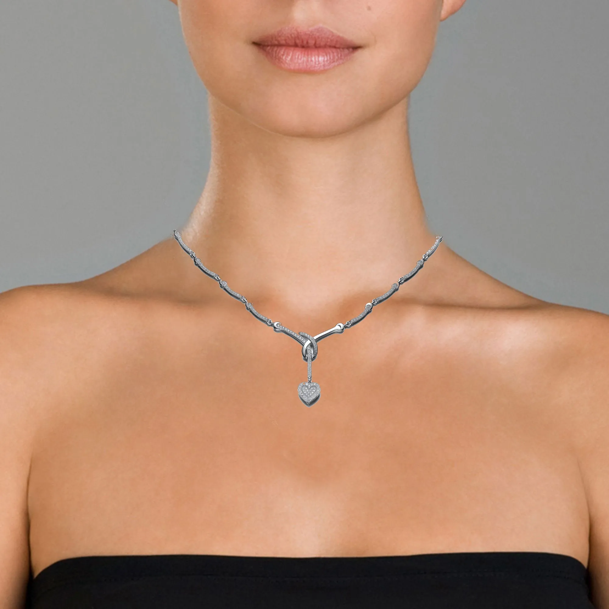 CZ SS Rhodium Plated Micro Pave Heart Shape Drop Necklace