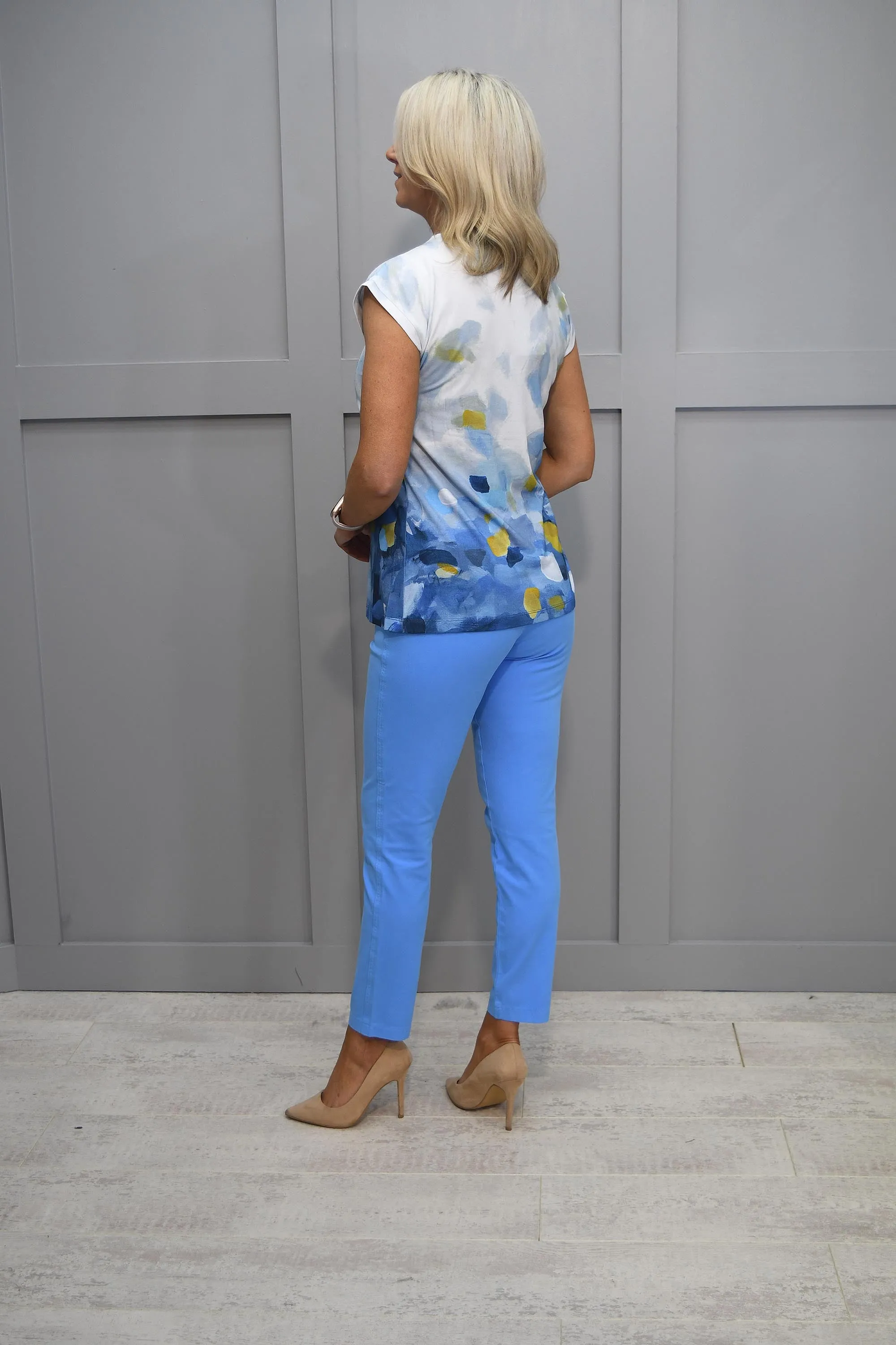 Dolcezza 'Blue Dream' Print V Neck Top With Cap Sleeve-24680