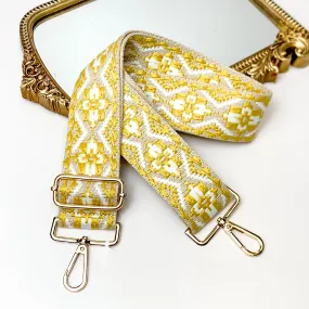 Embroidered Aztec Design on Beige Canvas Adjustable Purse Strap in Yellow/White