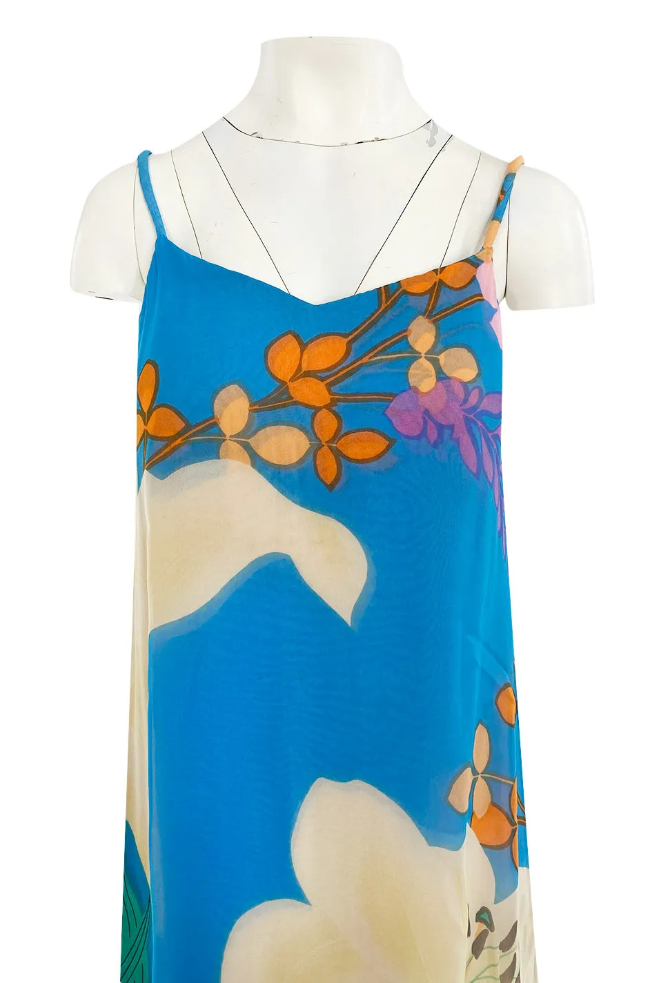Extraordinary 1970s Hanae Mori Couture Pastel Turquoise Floral Print Silk Chiffon Dress & Jacket