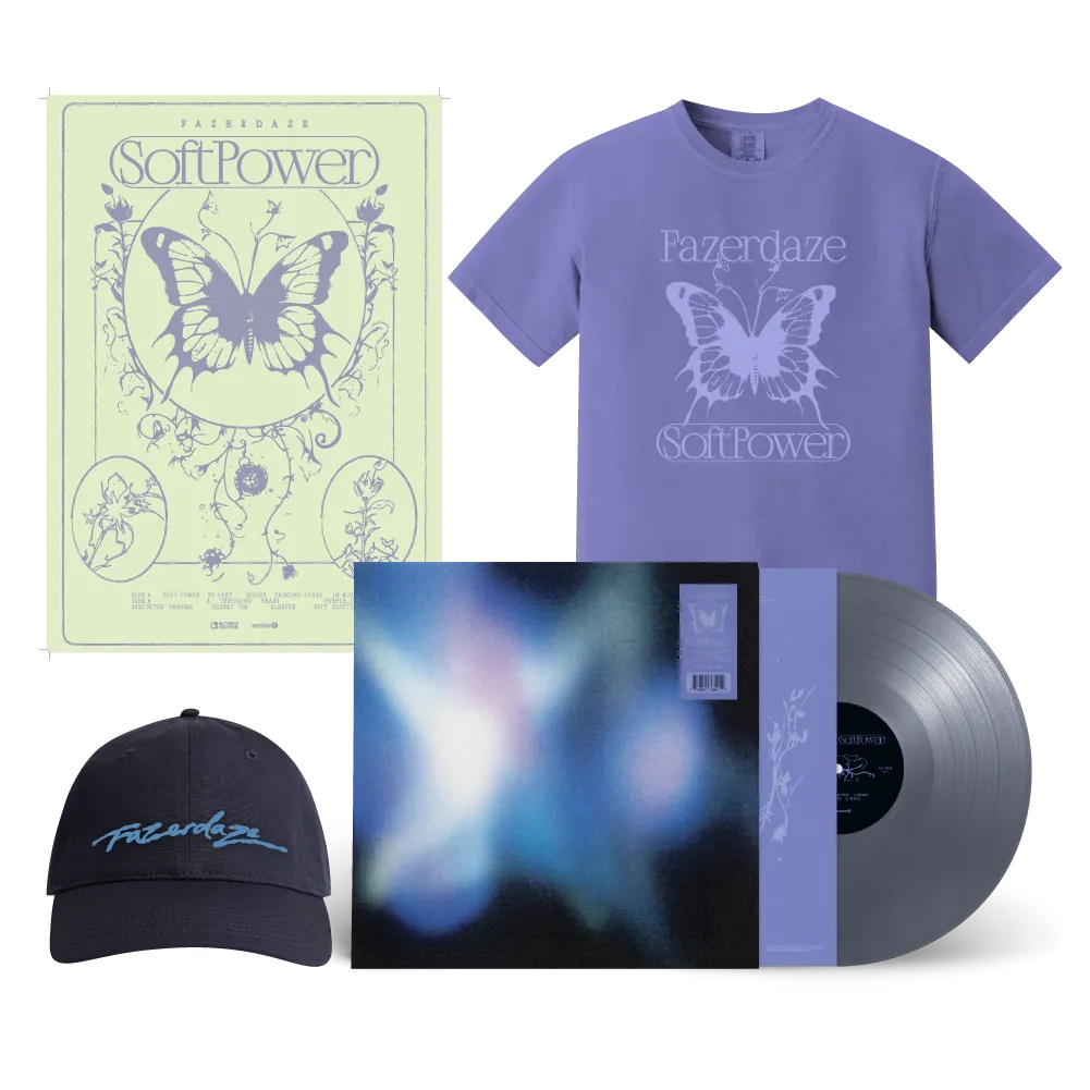 Fazerdaze / Soft Power LP Silver Vinyl, T-Shirt, Cap & Poster Bundle