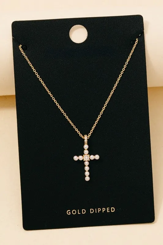 Gold Dipped Pearl And Cz Studded Cross Necklace