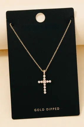 Gold Dipped Pearl And Cz Studded Cross Necklace
