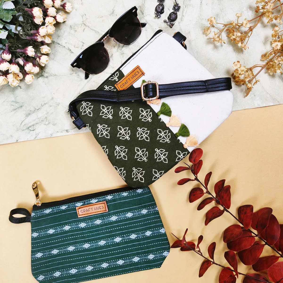 Green Leaves Tiles Sling/Pouch Bag Combo