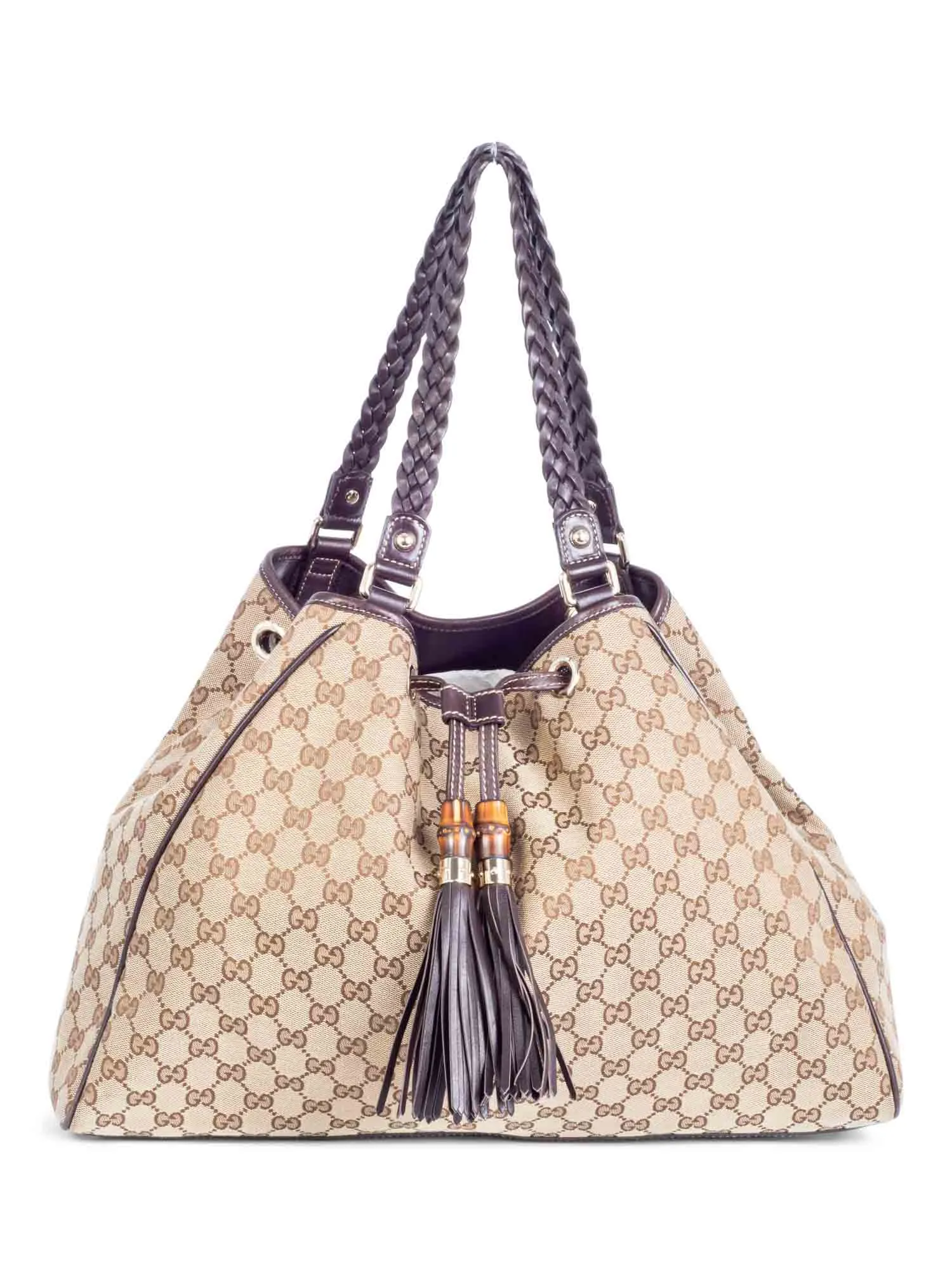 Gucci GG Logo Bamboo Peggy Tassel Tote Brown