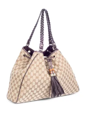 Gucci GG Logo Bamboo Peggy Tassel Tote Brown