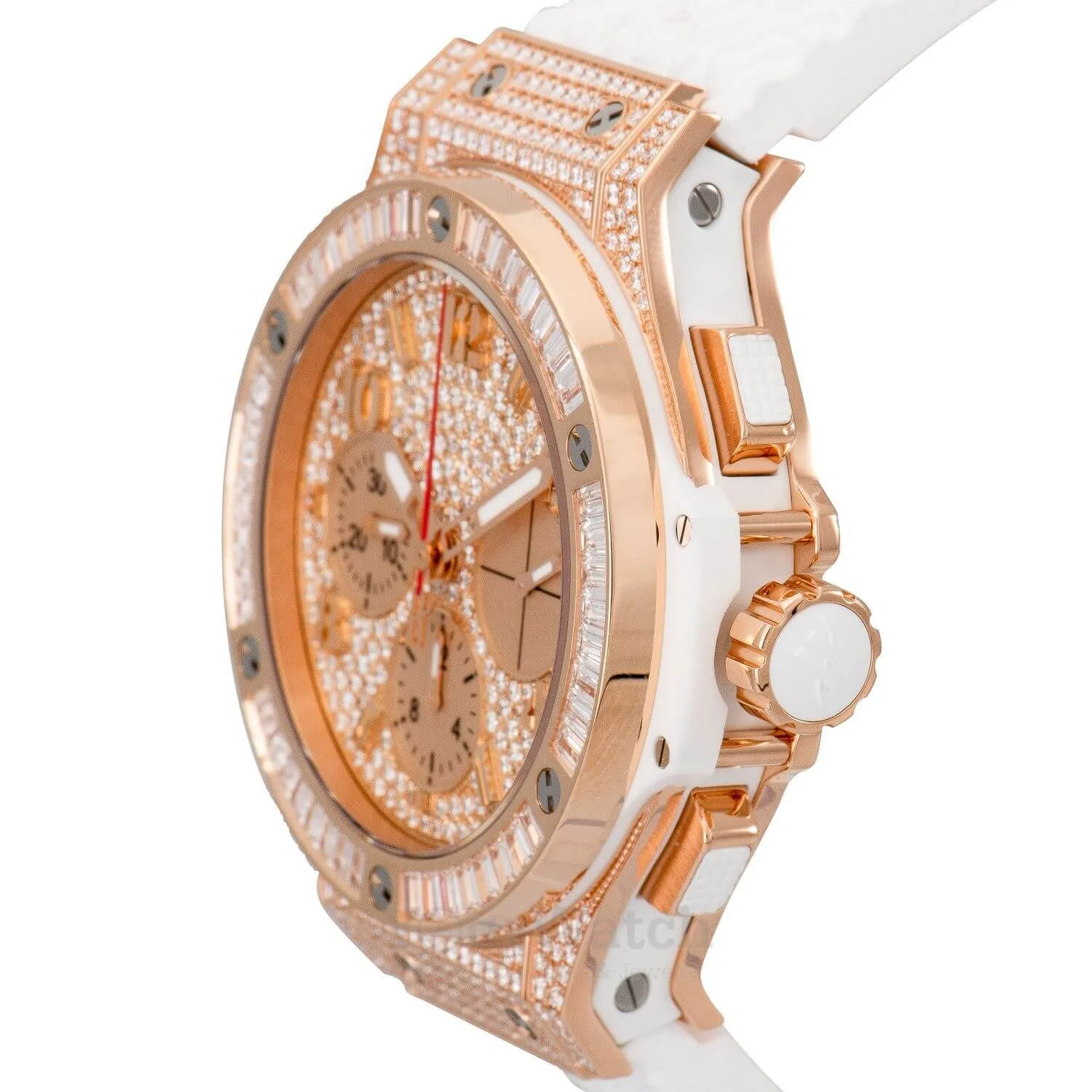 Hublot Bing Bang Portocervo 41mm Rose Gold Baguette Diamond Bezel White Rubber Strap Pave Diamond Dial 341.PE.9114.RW.094