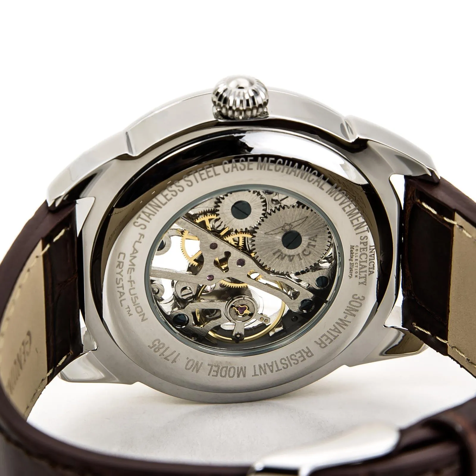 Invicta 17185 Men's Specialty White & Silver Skeleton Dial Brown Leather Strap Mechanical Watch