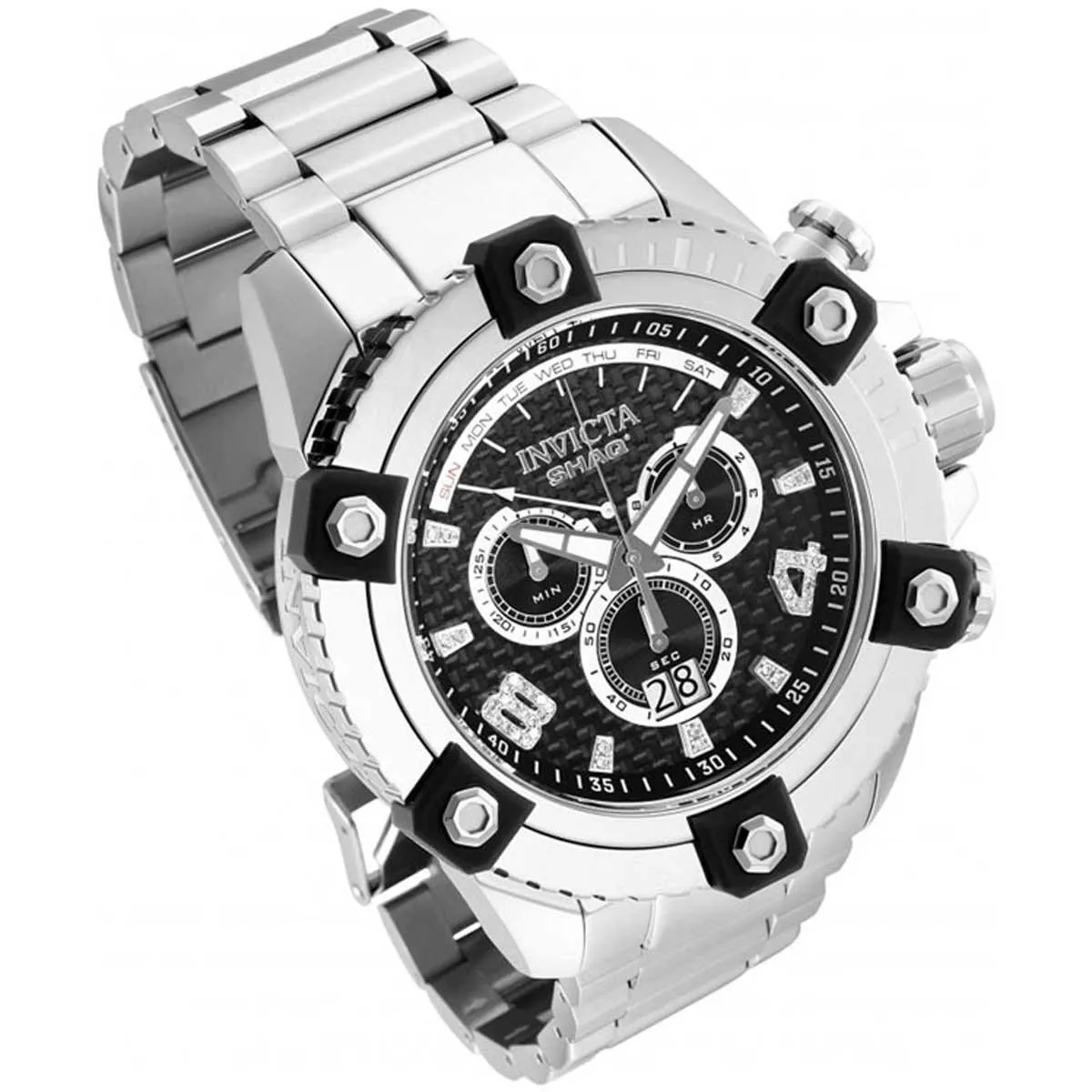 Invicta Men's Diamond Watch - Shaq Quartz Black Dial Silver Tone Bracelet | 33725