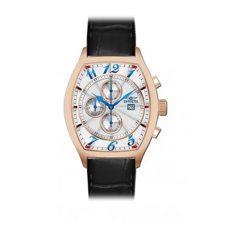 Invicta Men's Signature Chronograph Tonneau Silver Dial Black Leather Watch 7511