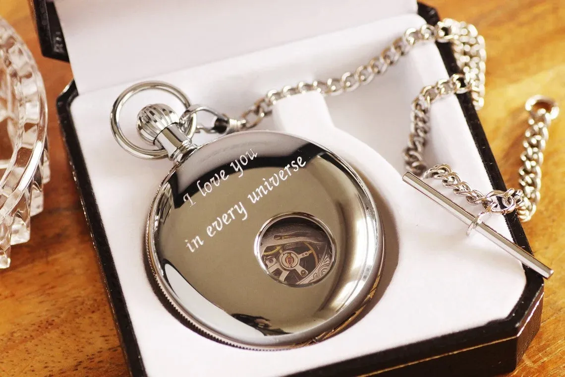 Jean Pierre® of Switzerland Silver Pocket Watch, Engraved Anniversary Gift, Full Size Pocket Watch