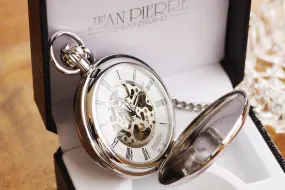 Jean Pierre® of Switzerland Silver Pocket Watch, Engraved Anniversary Gift, Full Size Pocket Watch