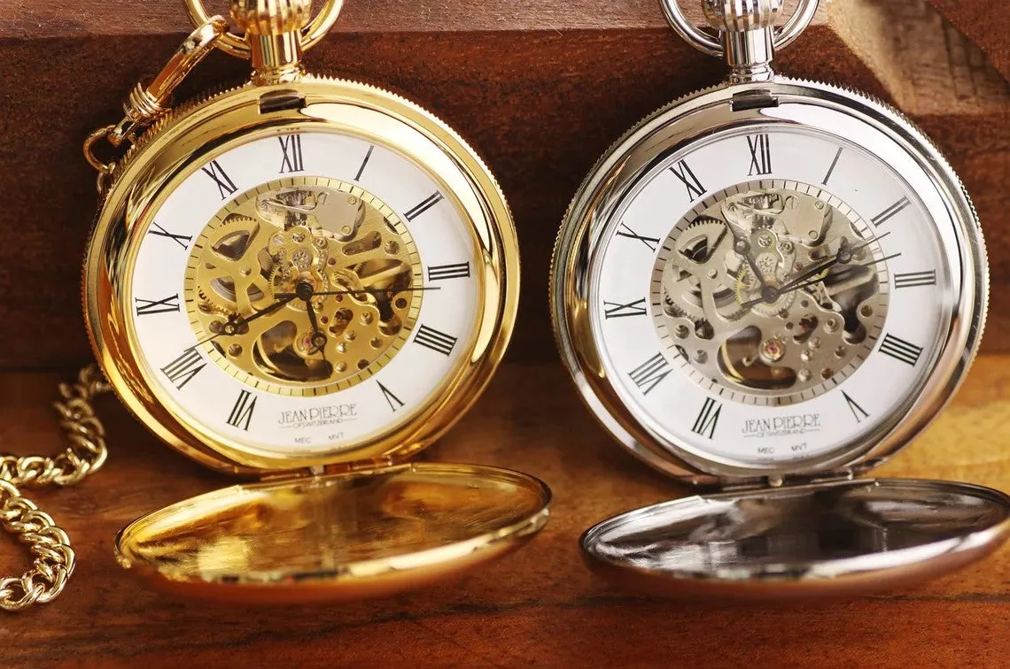 Jean Pierre® of Switzerland Silver Pocket Watch, Engraved Anniversary Gift, Full Size Pocket Watch