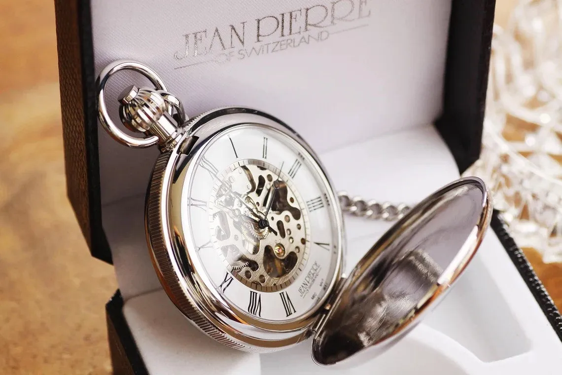 Jean Pierre® of Switzerland Silver Pocket Watch, Engraved Anniversary Gift, Full Size Pocket Watch