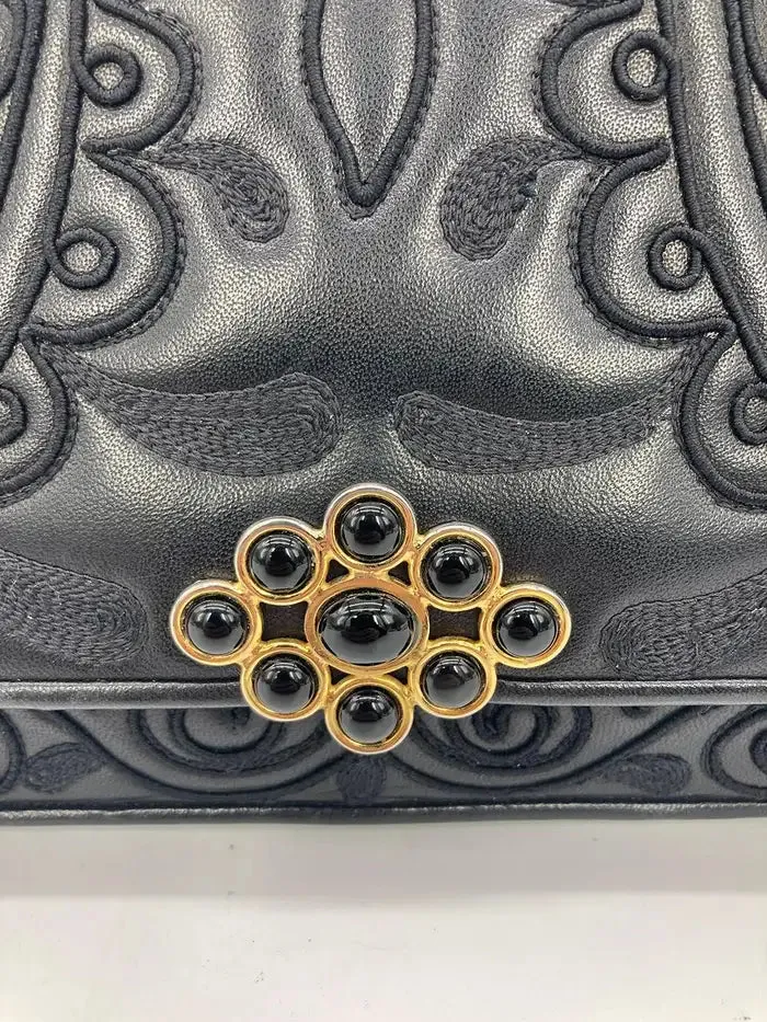 Judith Leiber Black Embroidered Leather Tassel Clutch