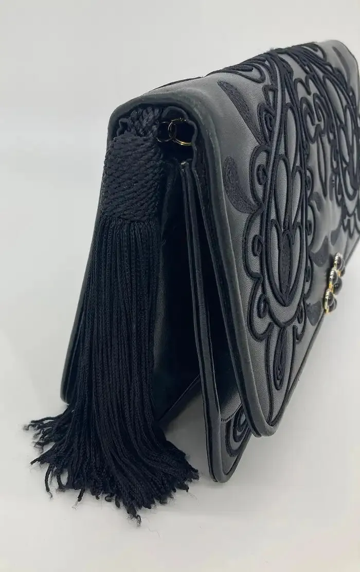 Judith Leiber Black Embroidered Leather Tassel Clutch