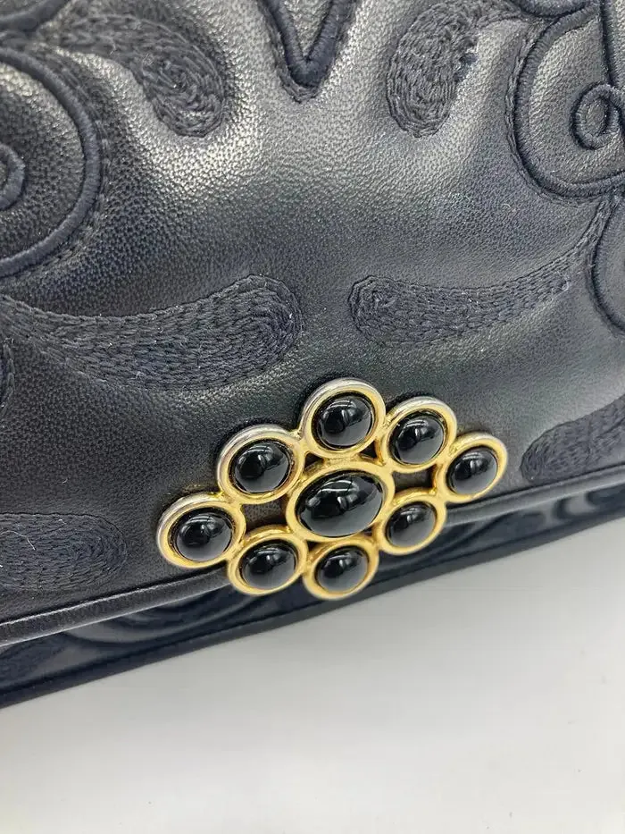 Judith Leiber Black Embroidered Leather Tassel Clutch