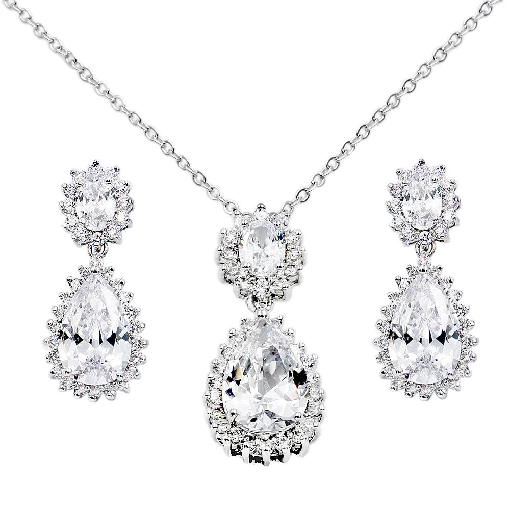 Lavencious Teardrop Dangle with AAA Clear Cubic Zirconia Necklace & Earrings Set