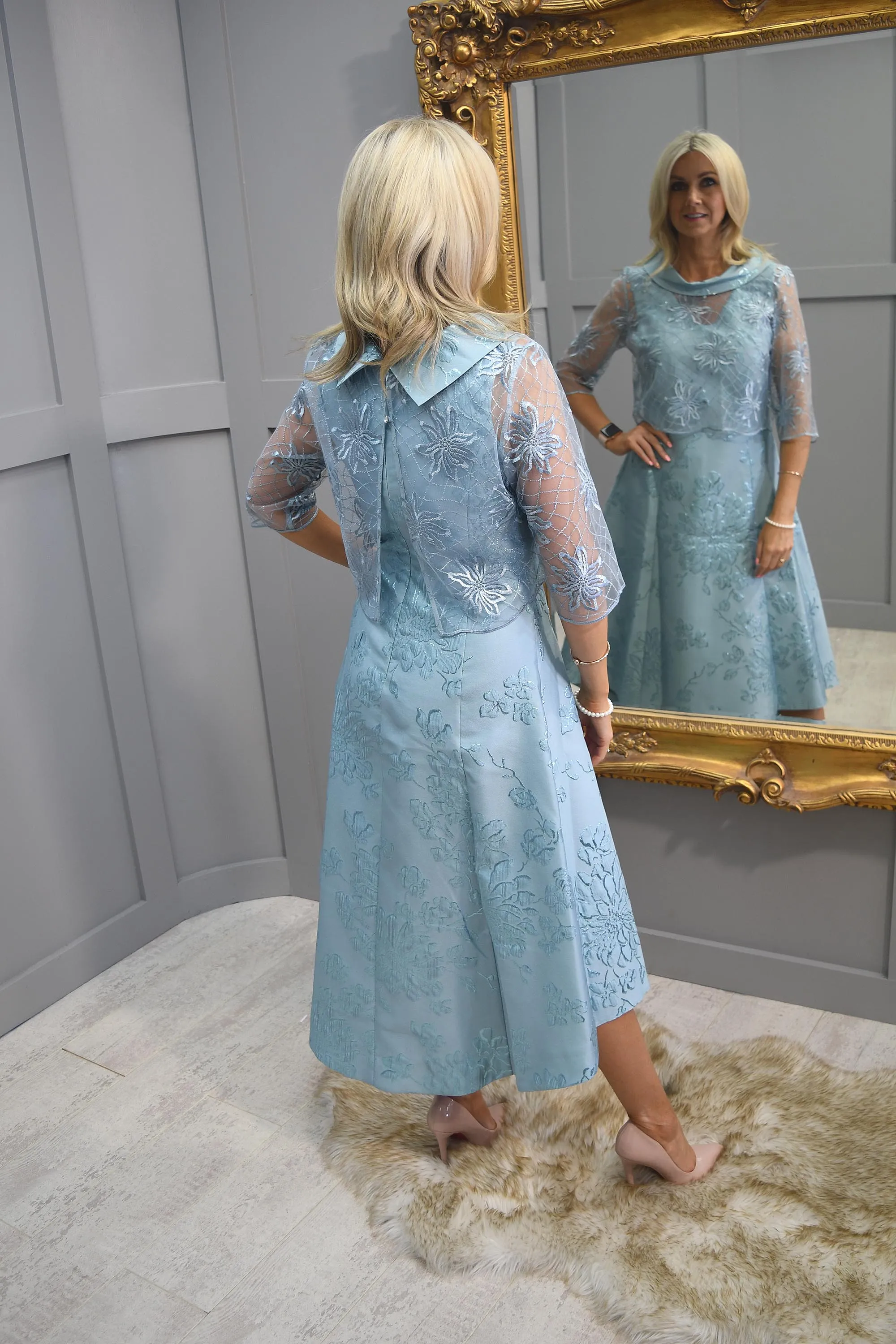 Lizabella Aqua Dipped Hem Dress with Lace Overlay- L-23AW-7317-07