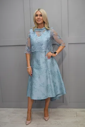 Lizabella Aqua Dipped Hem Dress with Lace Overlay- L-23AW-7317-07