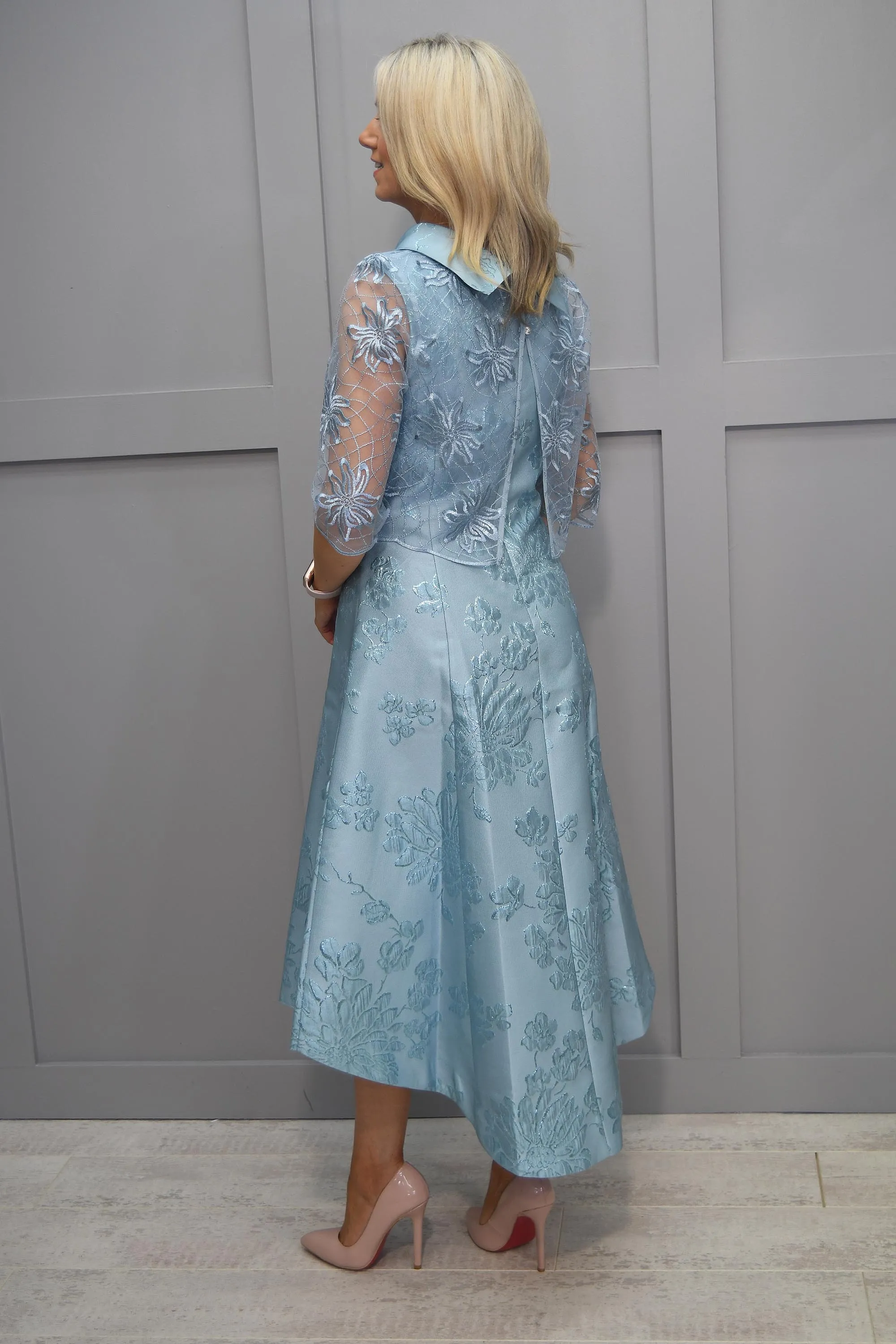 Lizabella Aqua Dipped Hem Dress with Lace Overlay- L-23AW-7317-07