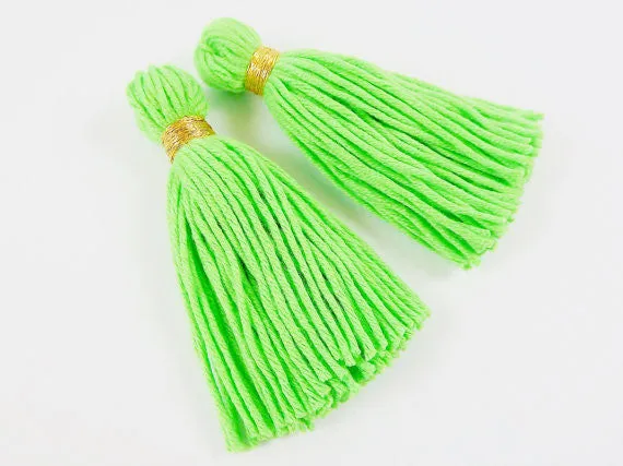 Long Bright Green Handmade Wool Thread Tassels - 3 inches - 75mm - 2 pc