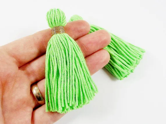 Long Bright Green Handmade Wool Thread Tassels - 3 inches - 75mm - 2 pc