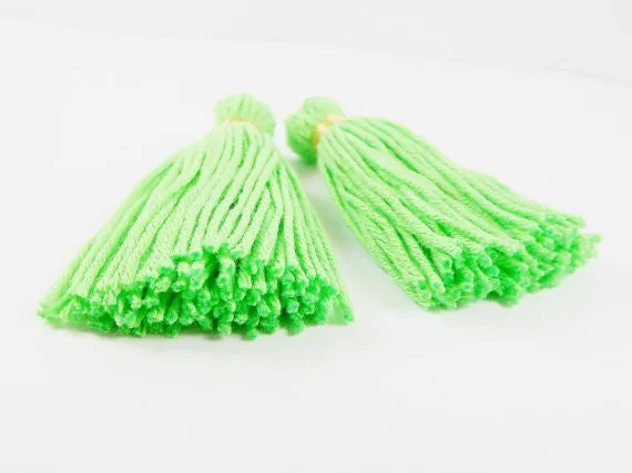 Long Bright Green Handmade Wool Thread Tassels - 3 inches - 75mm - 2 pc