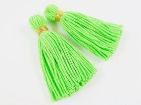 Long Bright Green Handmade Wool Thread Tassels - 3 inches - 75mm - 2 pc