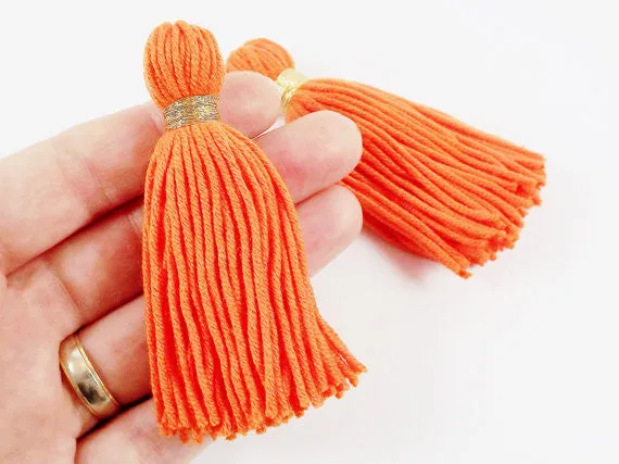 Long Orange Handmade Wool Thread Tassels - 3 inches - 75mm - 2 pc