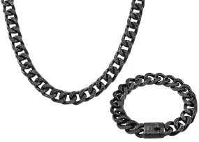 Mens Black Stainless Steel Curb Link Chain Set With Cubic Zirconia