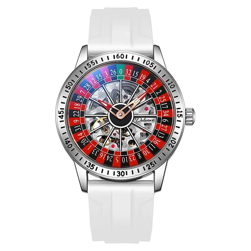 Mens Mechanical Watch Red Silicone Band Watch Skeleton Dial