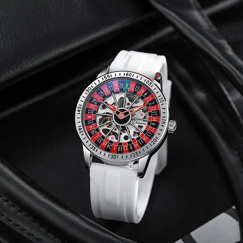 Mens Mechanical Watch Red Silicone Band Watch Skeleton Dial