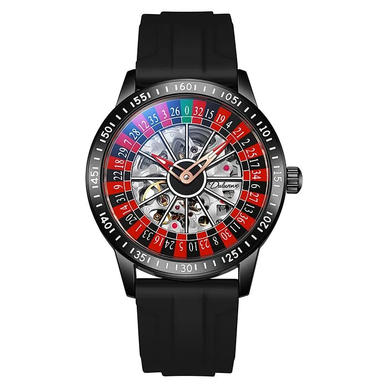 Mens Mechanical Watch Red Silicone Band Watch Skeleton Dial