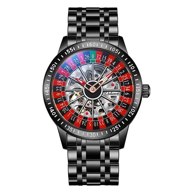Mens Mechanical Watch Red Silicone Band Watch Skeleton Dial