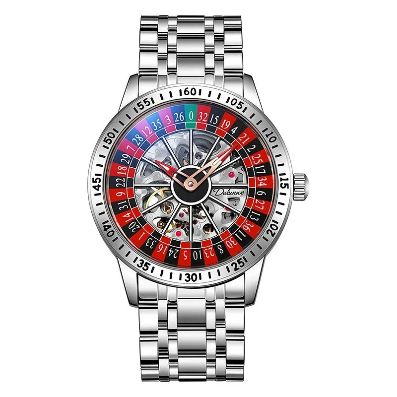 Mens Mechanical Watch Red Silicone Band Watch Skeleton Dial
