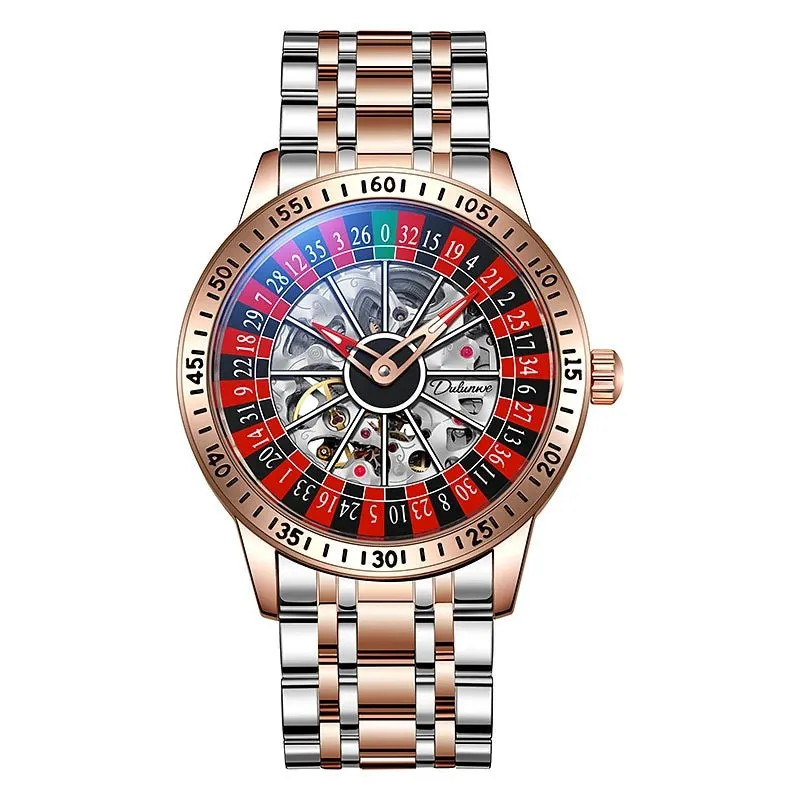 Mens Mechanical Watch Red Silicone Band Watch Skeleton Dial