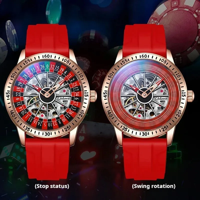 Mens Mechanical Watch Red Silicone Band Watch Skeleton Dial