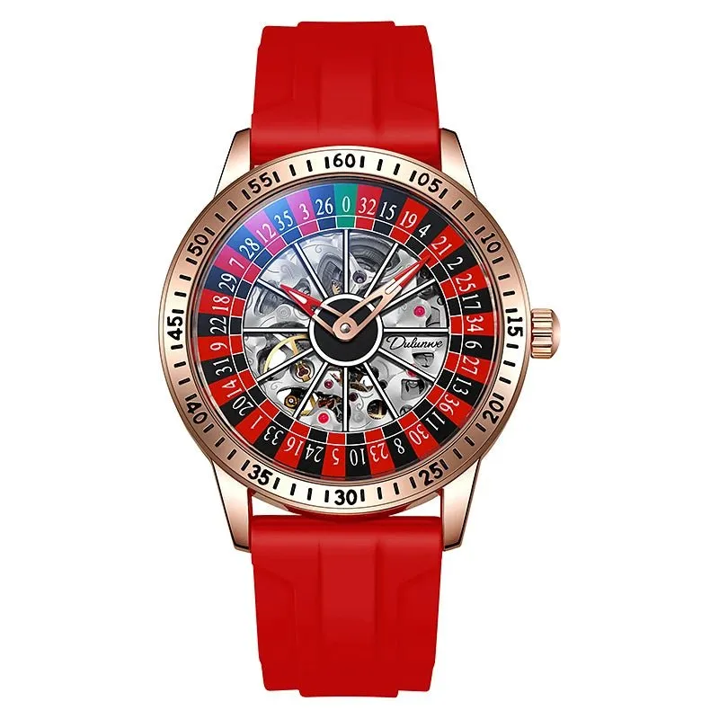 Mens Mechanical Watch Red Silicone Band Watch Skeleton Dial