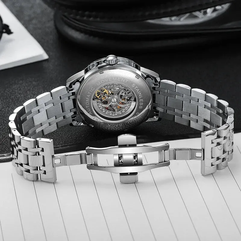 Mens Mechanical Watch Red Silicone Band Watch Skeleton Dial