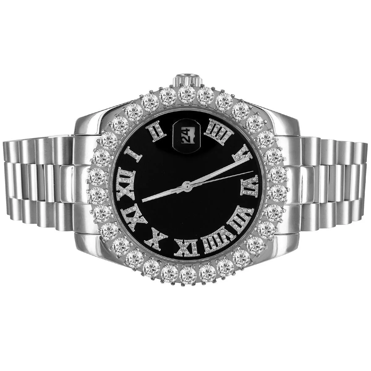 Mens Stainless Steel Black Roman Dial Solitaire Bezel Luxury Watch