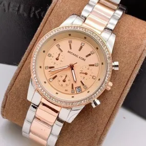 Michael kors Two-Tone starp Women's Chronograph MK-2535 Watch for Girl or Woman Rose Gold Dial Diamond Case Date Best Gift For Women