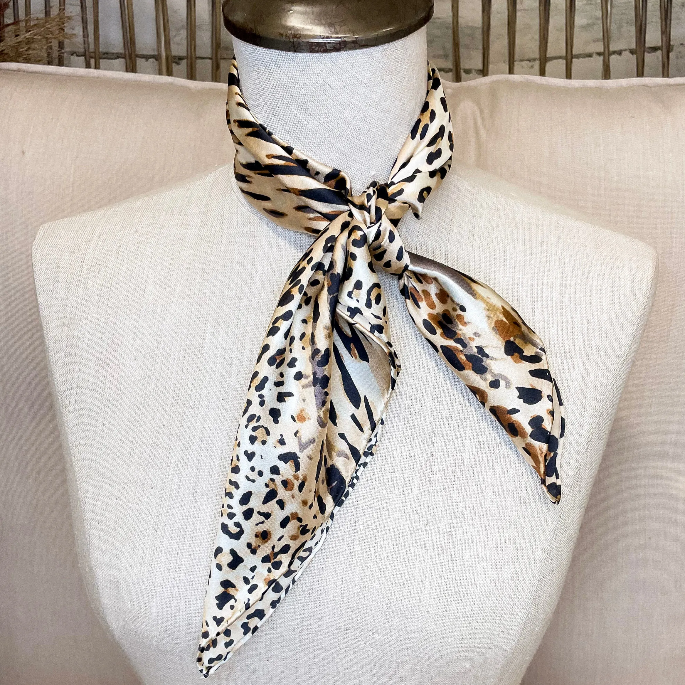 Mini Leopard Charmeuse Silk Wild Rag in Tan