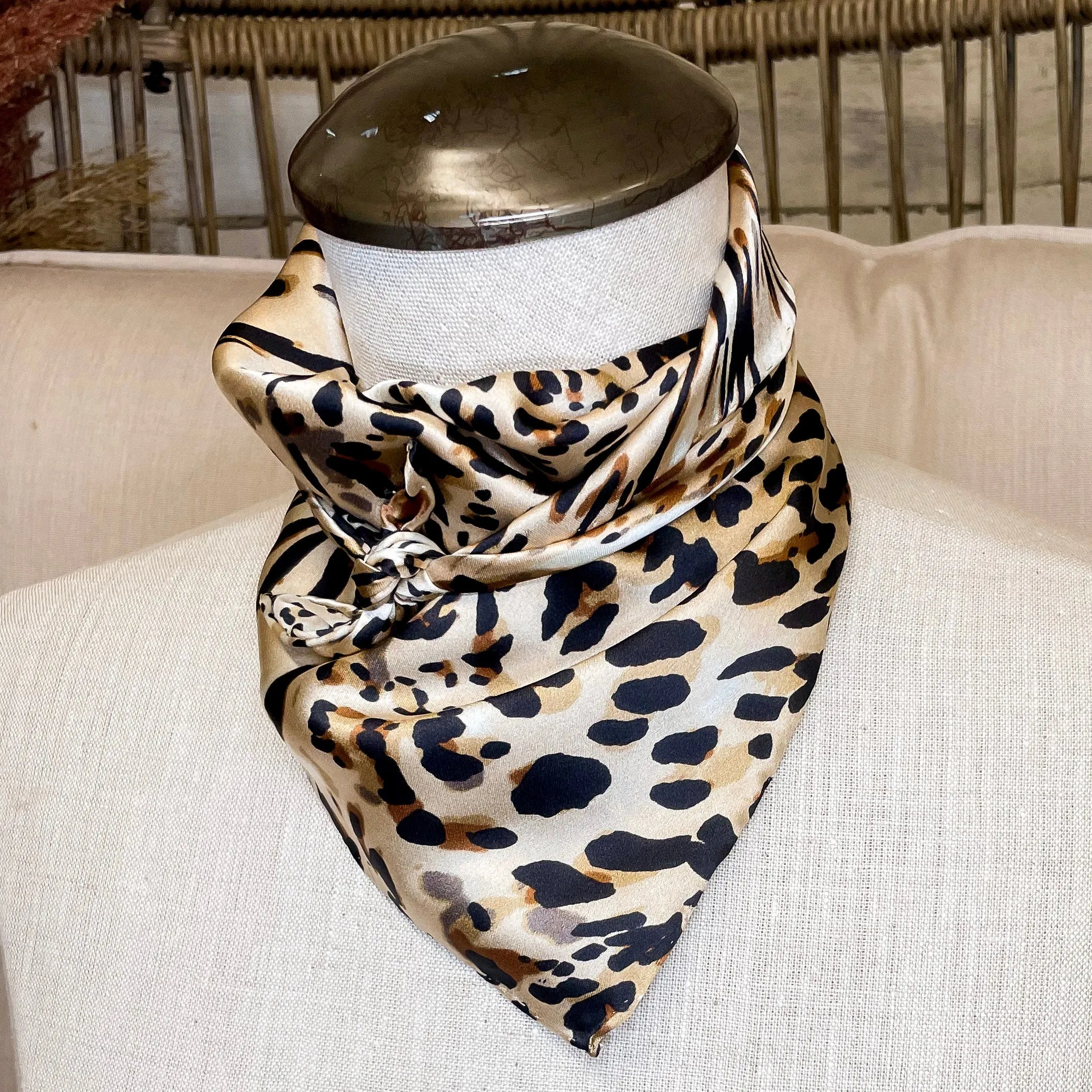 Mini Leopard Charmeuse Silk Wild Rag in Tan