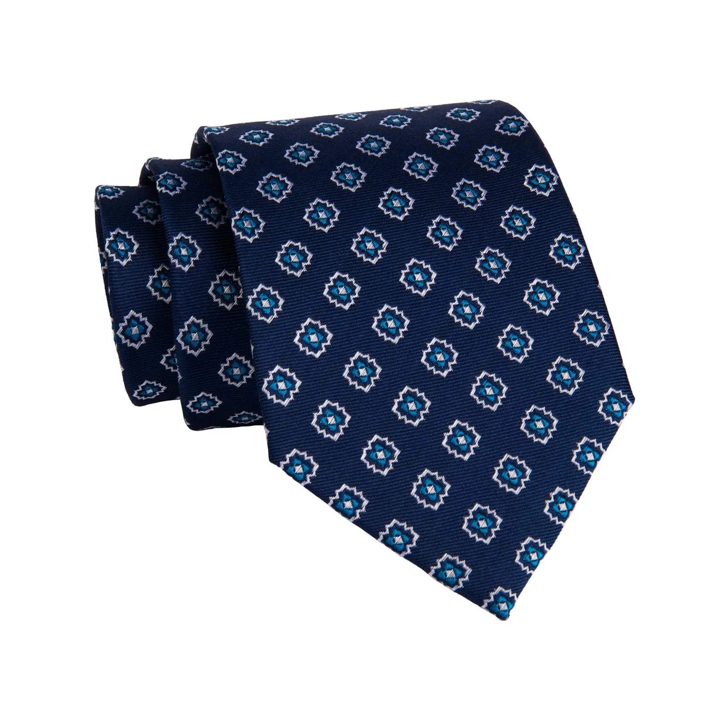 Monterey Foulard Silk Tie, Navy / Turquoise