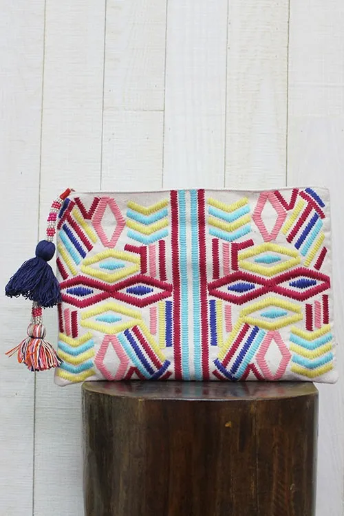 Multi Colored Embroidered Large Clutch