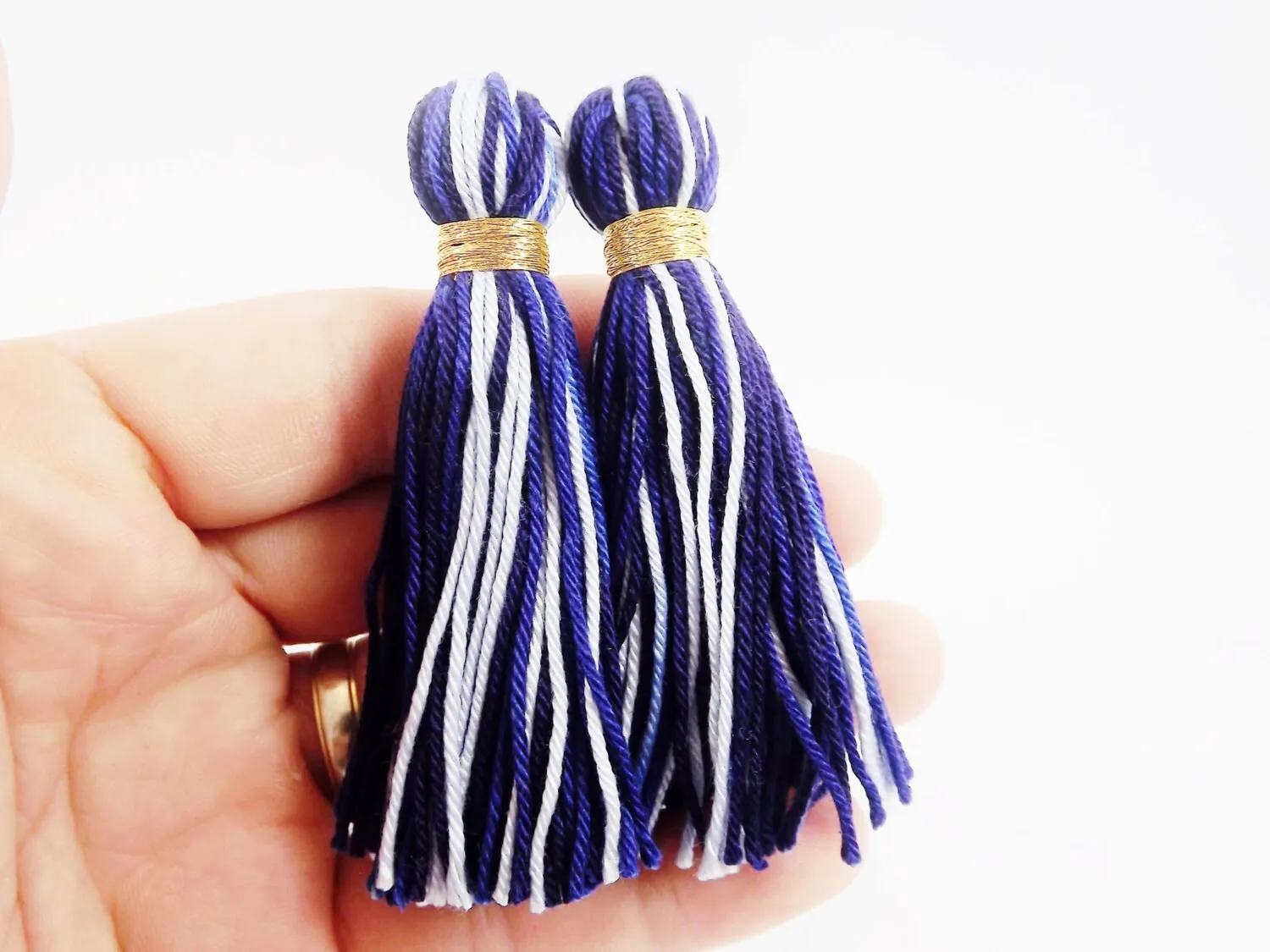 Navy Blues White Multi color Handmade Cotton Wool Thread Tassel -  3 inches - 75mm  - 2 pc