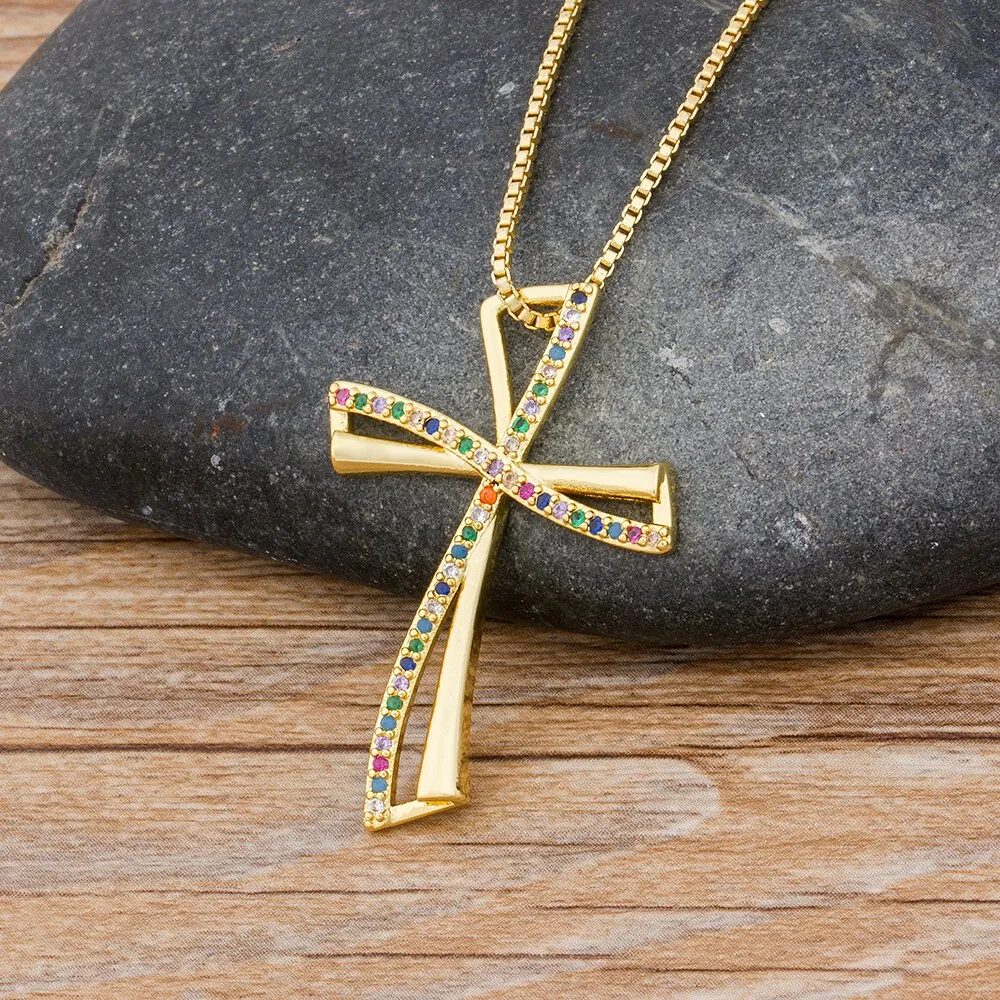 New Design Rainbow Cross Copper Pendant Chain Necklace
