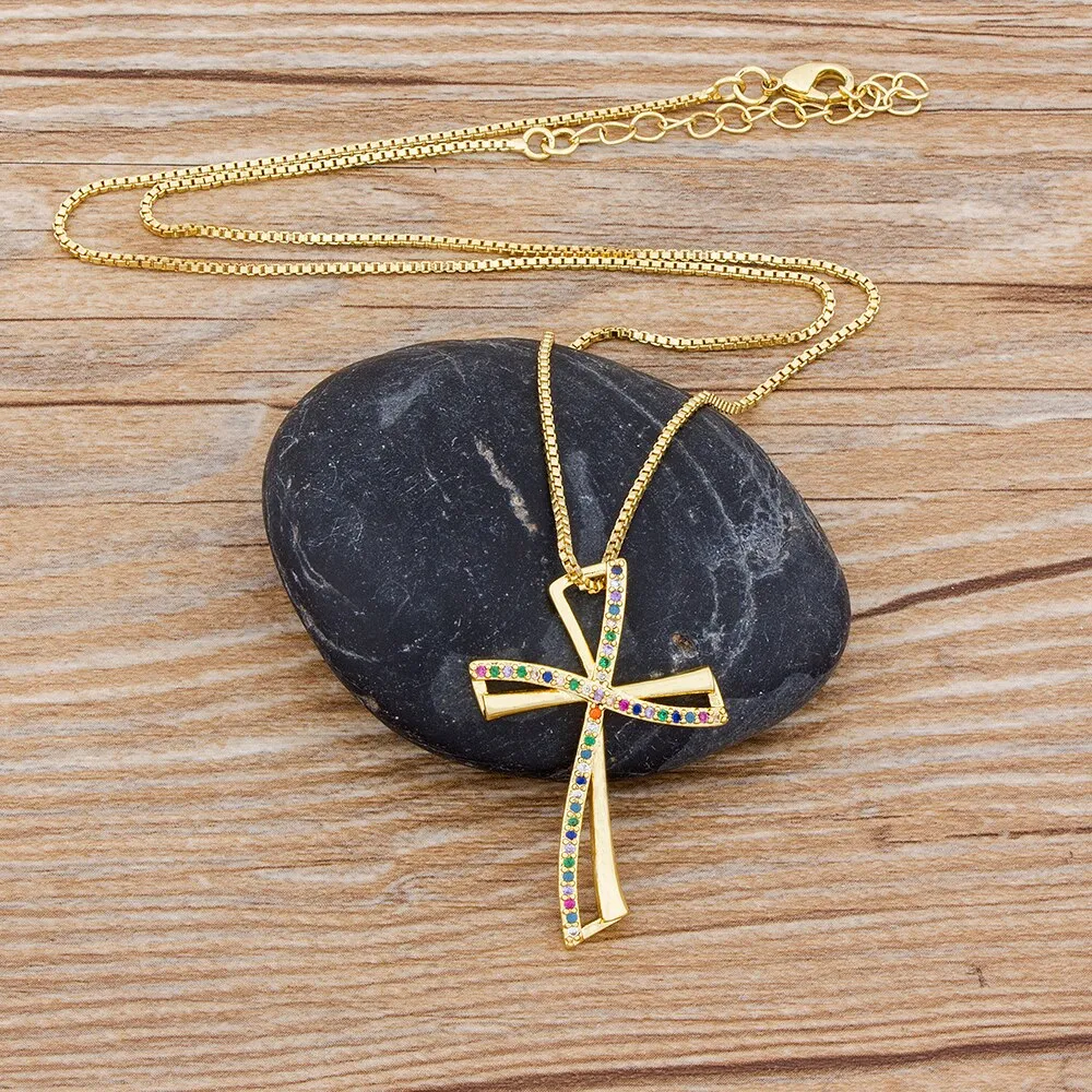 New Design Rainbow Cross Copper Pendant Chain Necklace