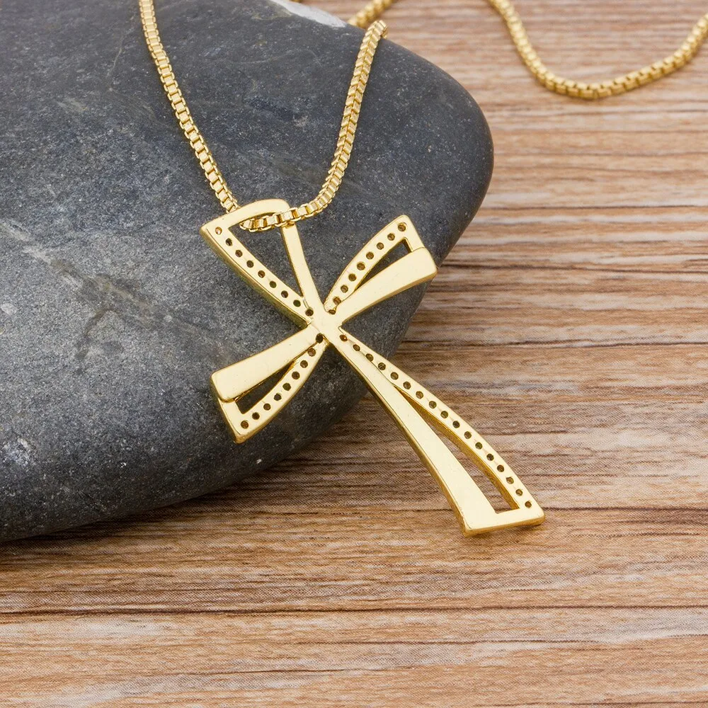 New Design Rainbow Cross Copper Pendant Chain Necklace